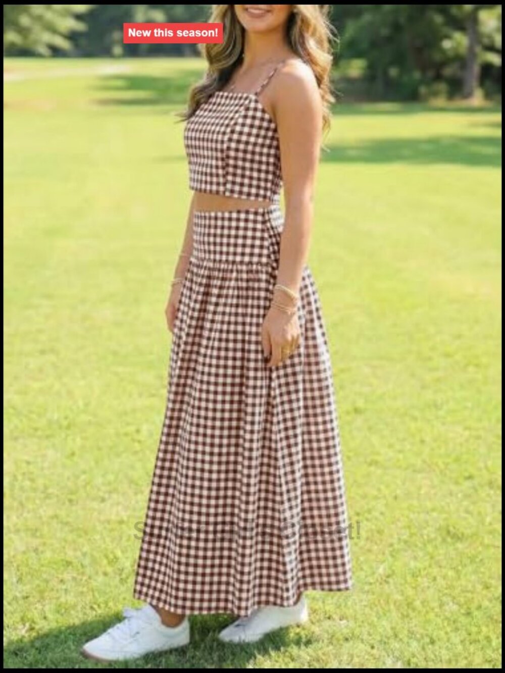 Women's 2-Piece Gingham Crop Top and Midi Skirt Set Summer Vacation Outfit - Picture 5 of 7